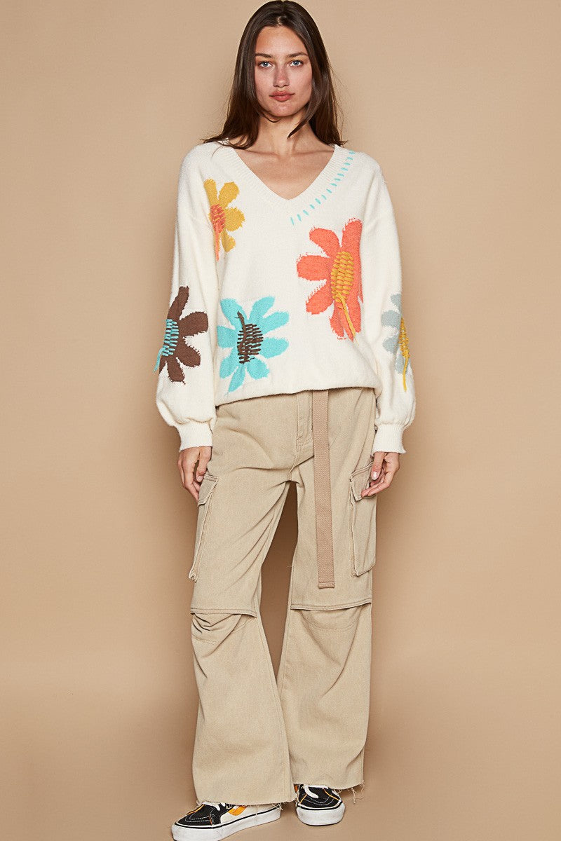 Long Sleeve Flower Fringe Sweater