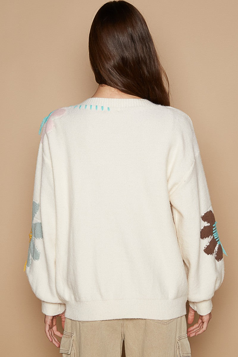 Long Sleeve Flower Fringe Sweater