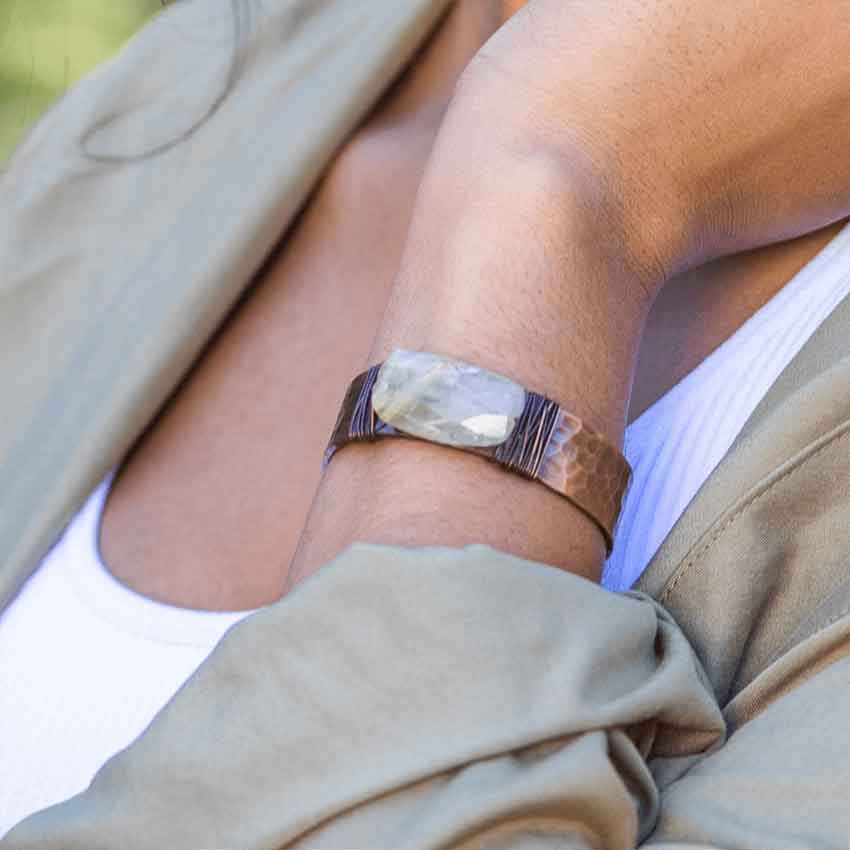 Hammered Copper Stone Cuff