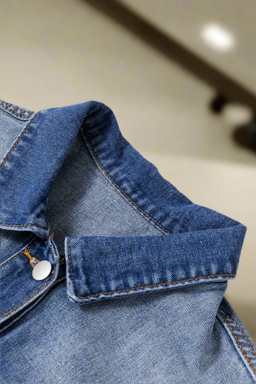 Ruffled Raw Hem Half Sleeve Denim Jacket
