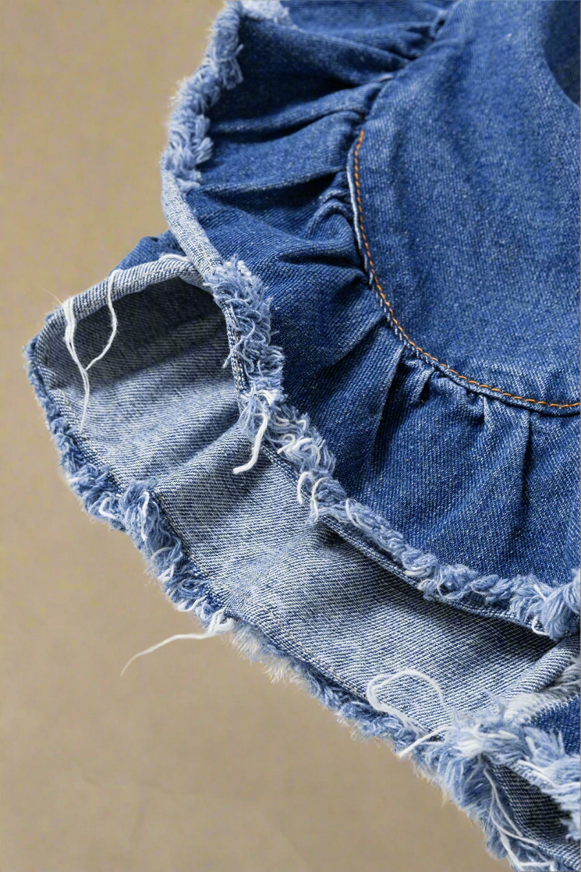 Ruffled Raw Hem Half Sleeve Denim Jacket
