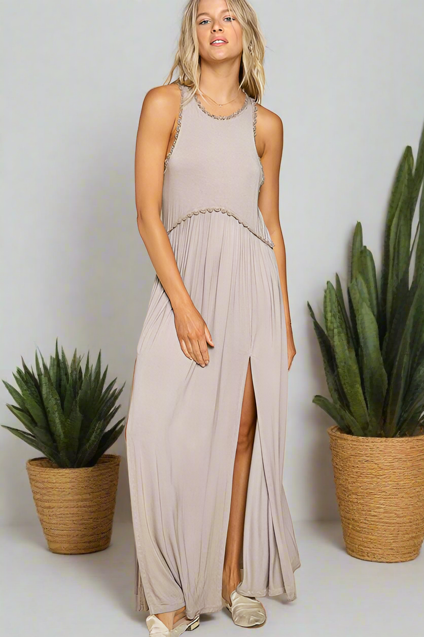 Stone Washed Side Slit Cut Out Maxi Dress