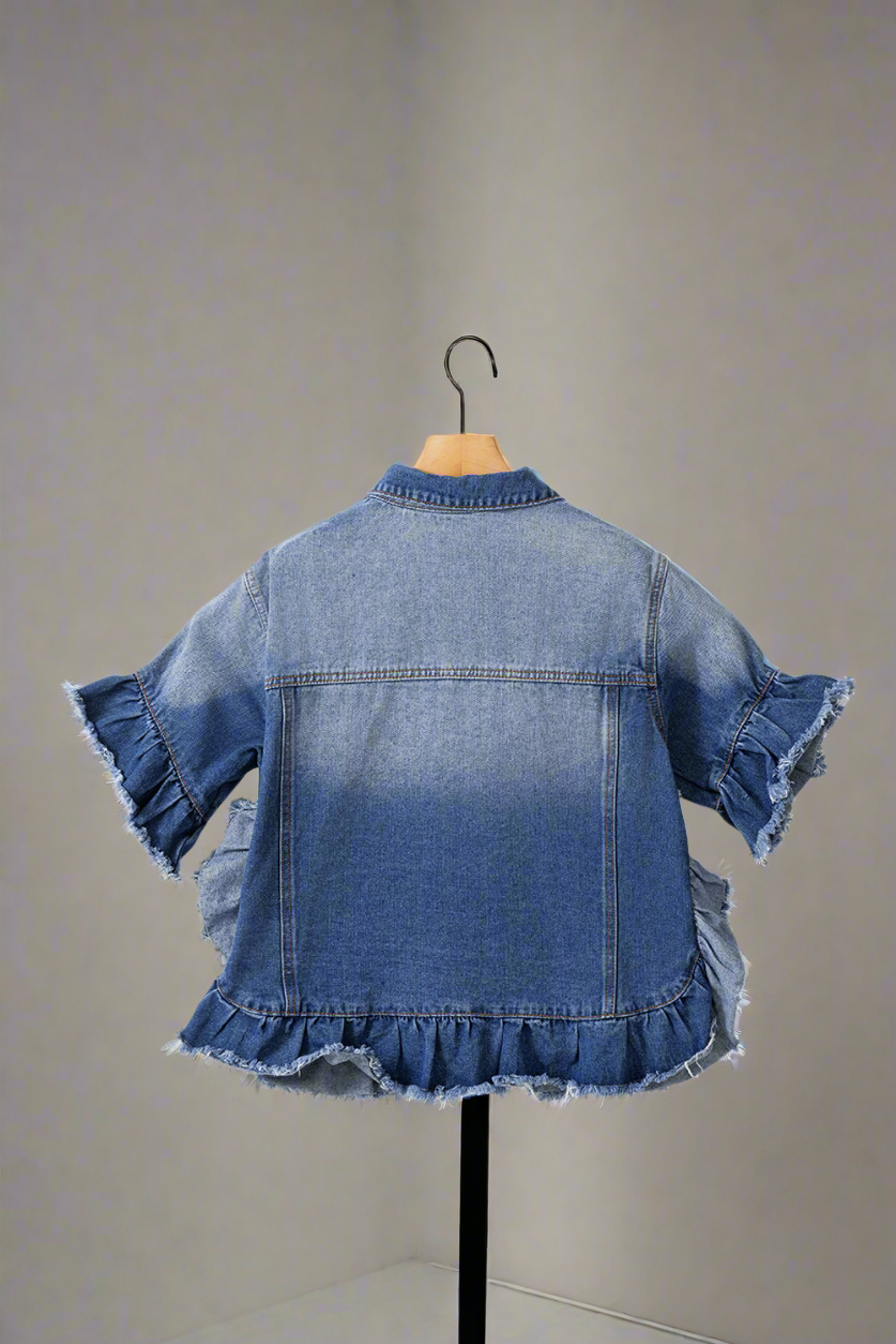 Ruffled Raw Hem Half Sleeve Denim Jacket