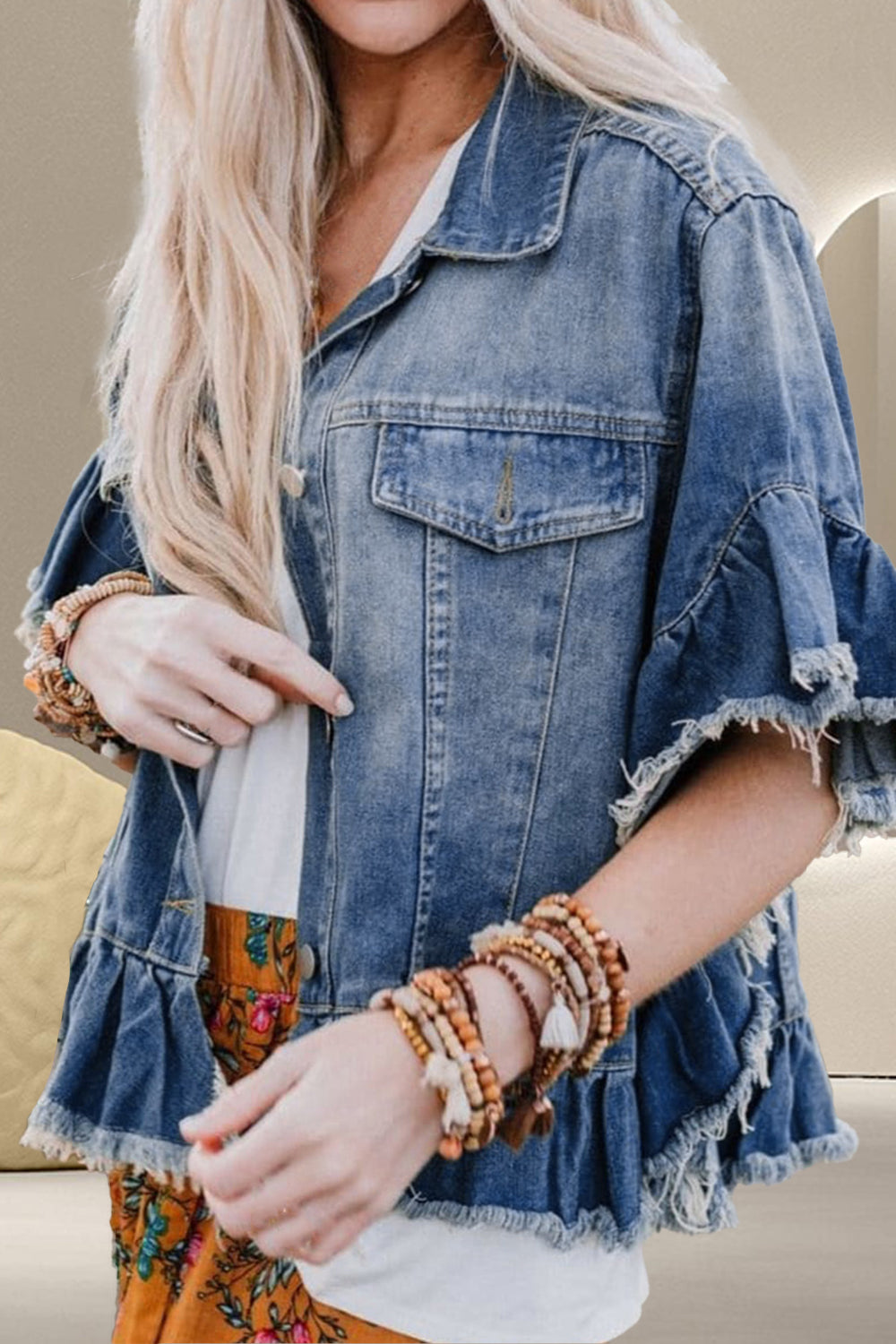 Ruffled Raw Hem Half Sleeve Denim Jacket