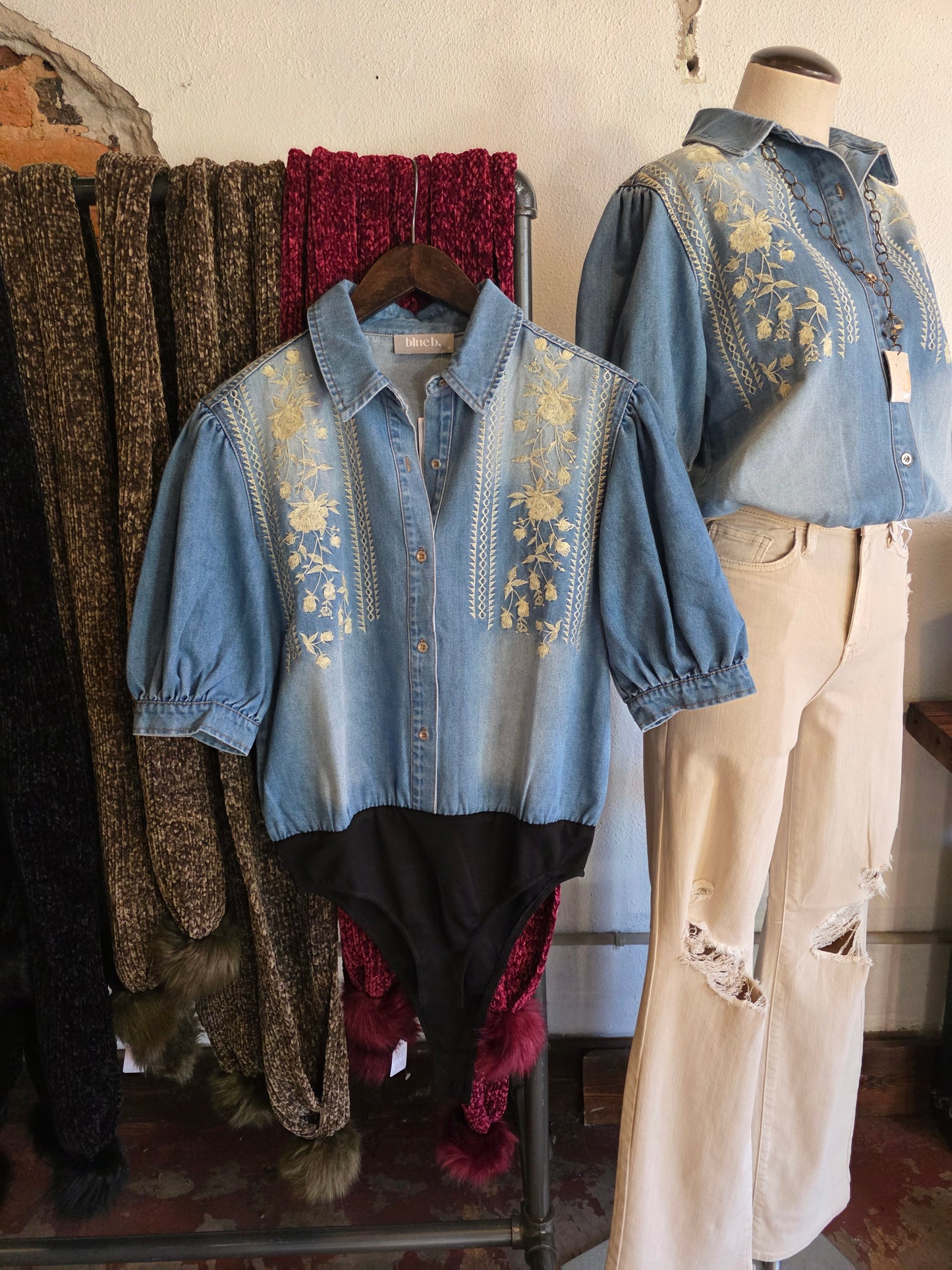 The Blue Willow Embroidered Denim Bodysuit