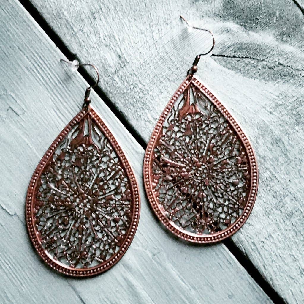 Copper Filigree Teardrop Earrings