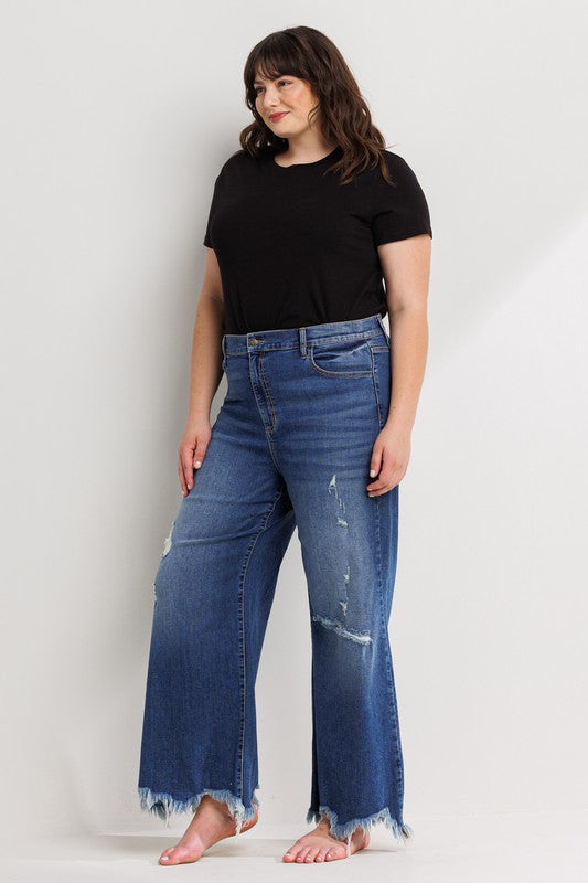 Distressed Ankle Cropped Wide Leg Jean