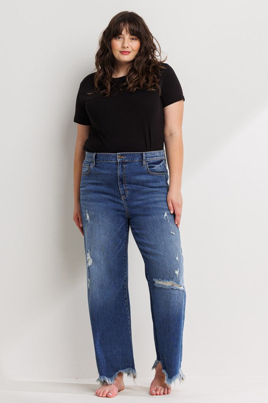 Distressed Ankle Cropped Wide Leg Jean