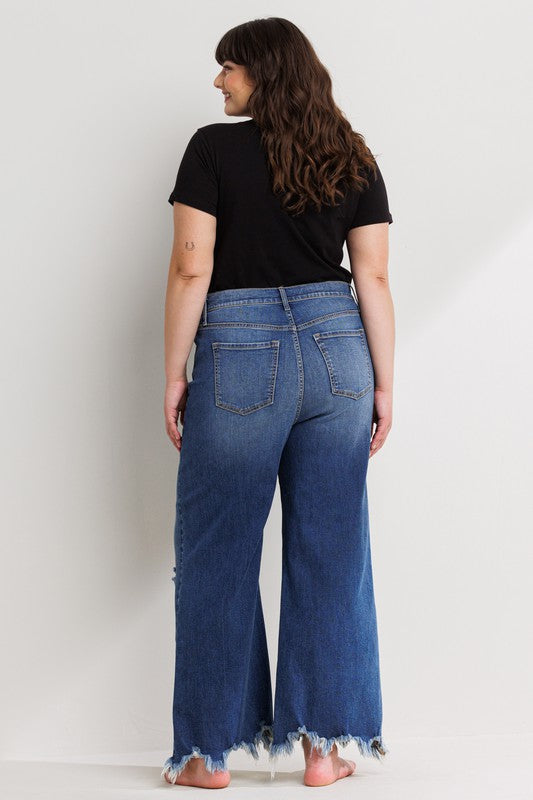 Distressed Ankle Cropped Wide Leg Jean