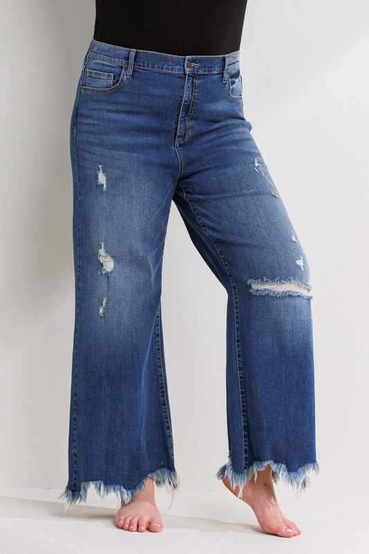 Distressed Ankle Cropped Wide Leg Jean