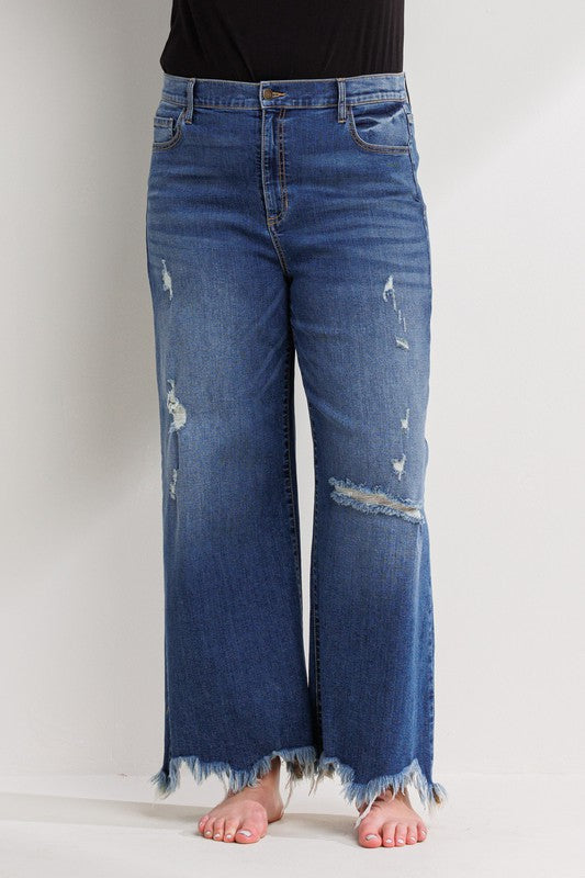 Distressed Ankle Cropped Wide Leg Jean