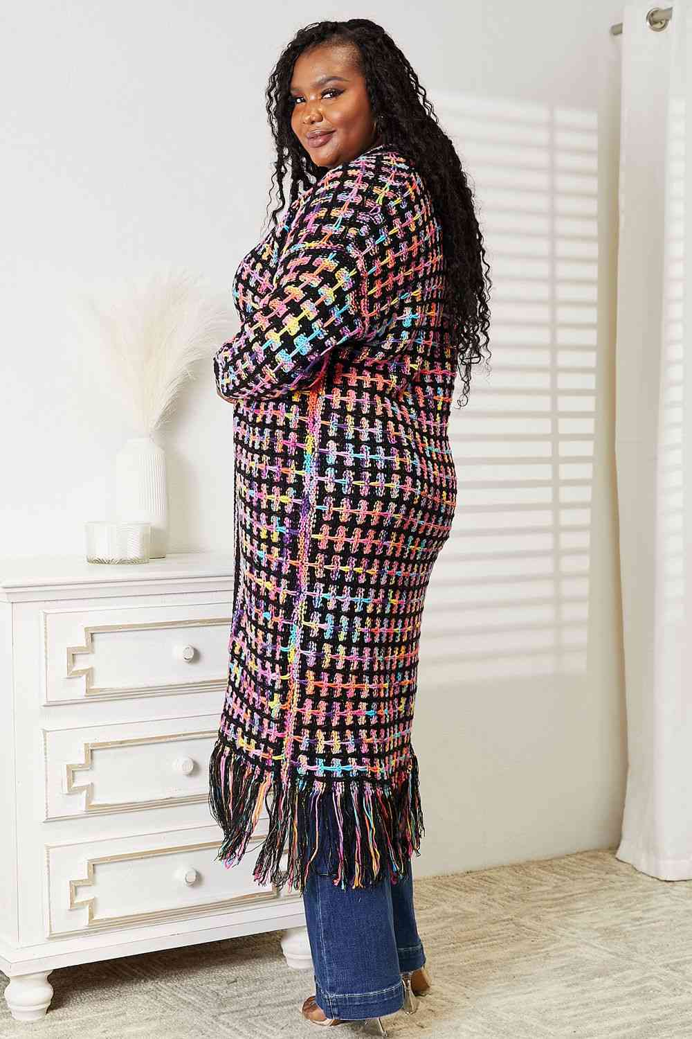 Double Take Multicolor Open Front Fringe Hem Cardigan