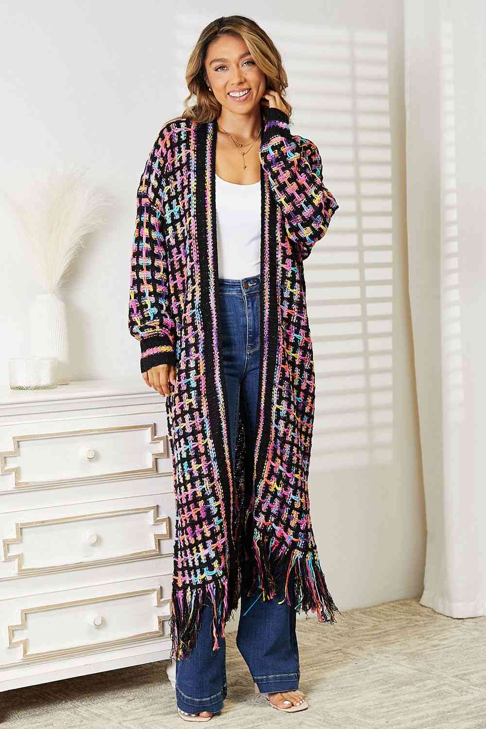 Double Take Multicolor Open Front Fringe Hem Cardigan