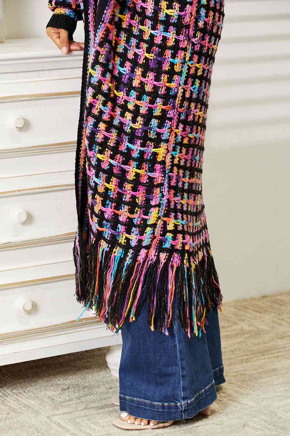 Double Take Multicolor Open Front Fringe Hem Cardigan