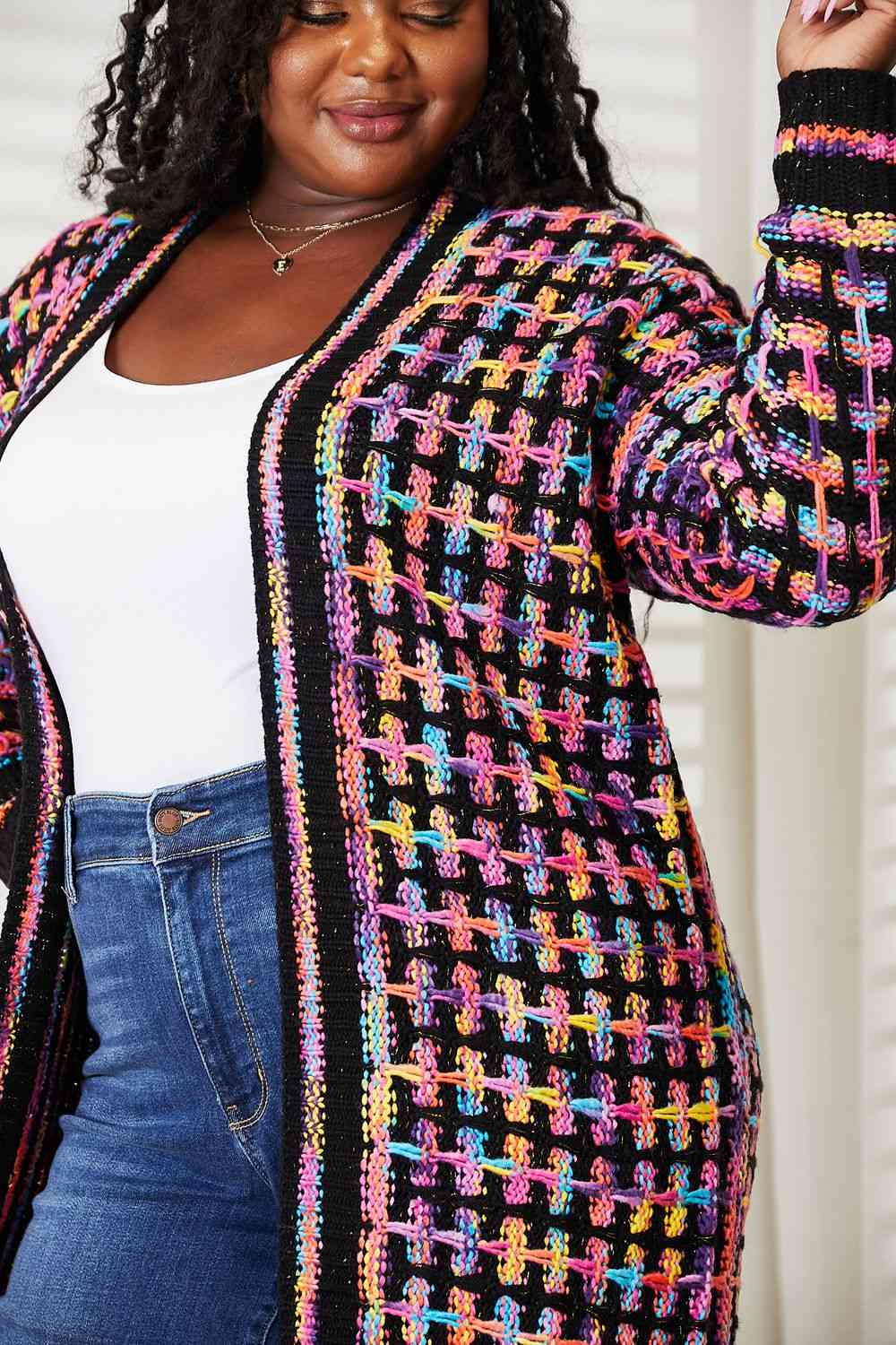 Double Take Multicolor Open Front Fringe Hem Cardigan