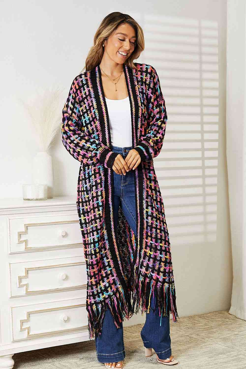Double Take Multicolor Open Front Fringe Hem Cardigan