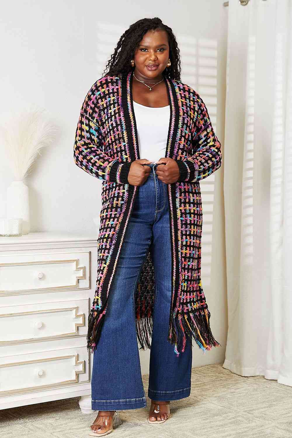 Double Take Multicolor Open Front Fringe Hem Cardigan
