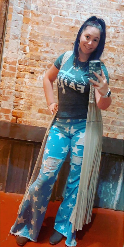 All American Distressed Pull On Flare Denim