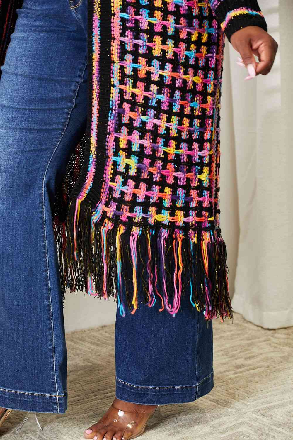 Double Take Multicolor Open Front Fringe Hem Cardigan