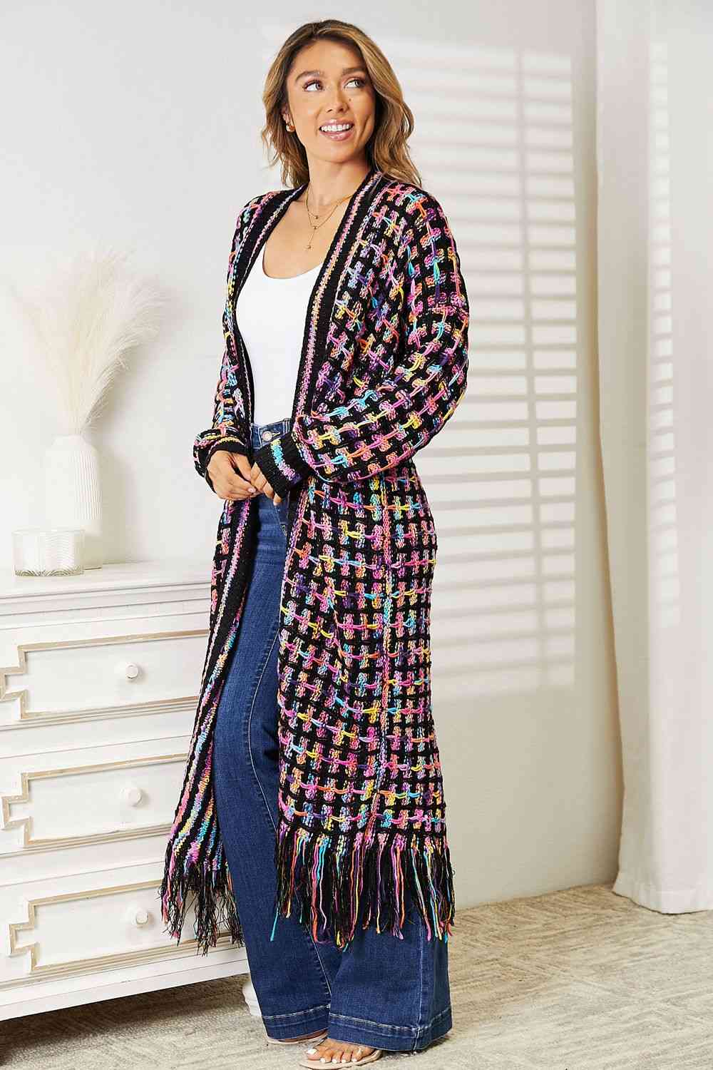Double Take Multicolor Open Front Fringe Hem Cardigan