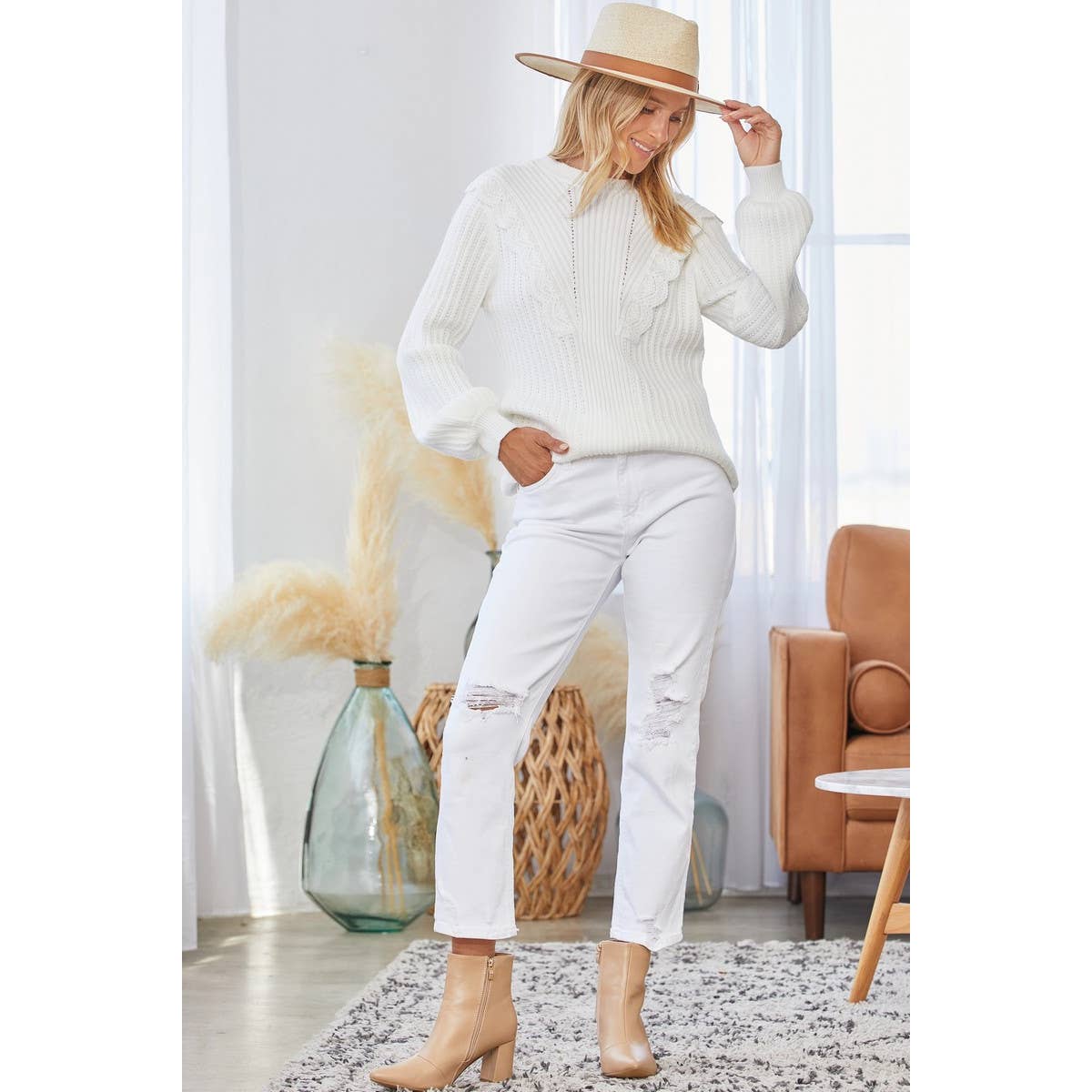 Mock Neck Ribbed White Sweater