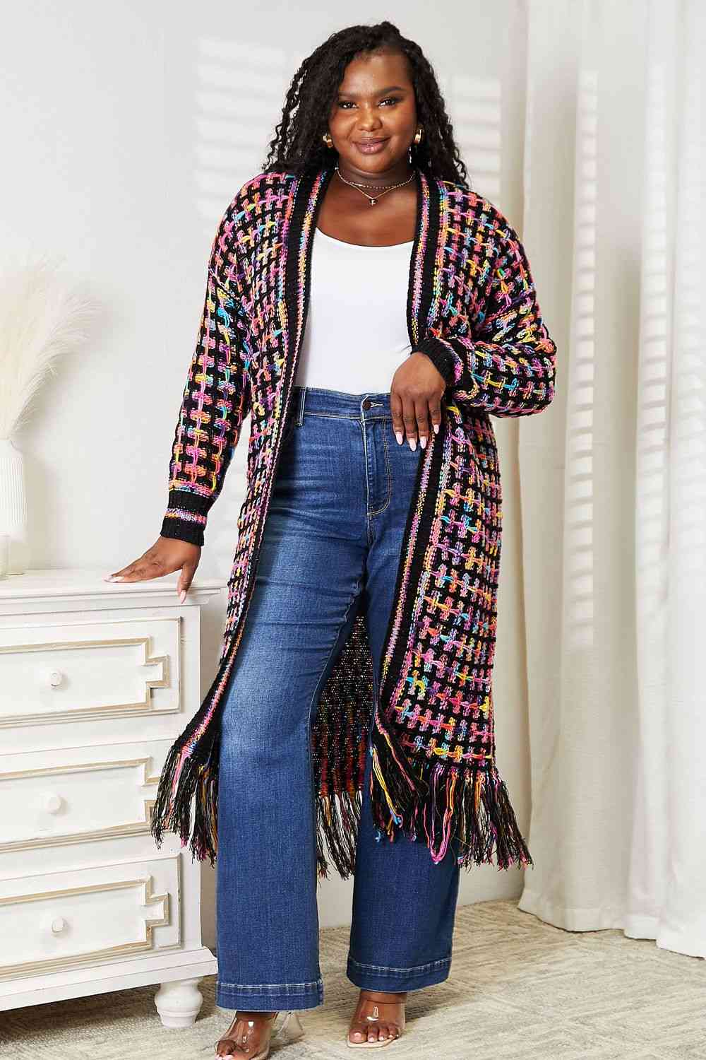 Double Take Multicolor Open Front Fringe Hem Cardigan