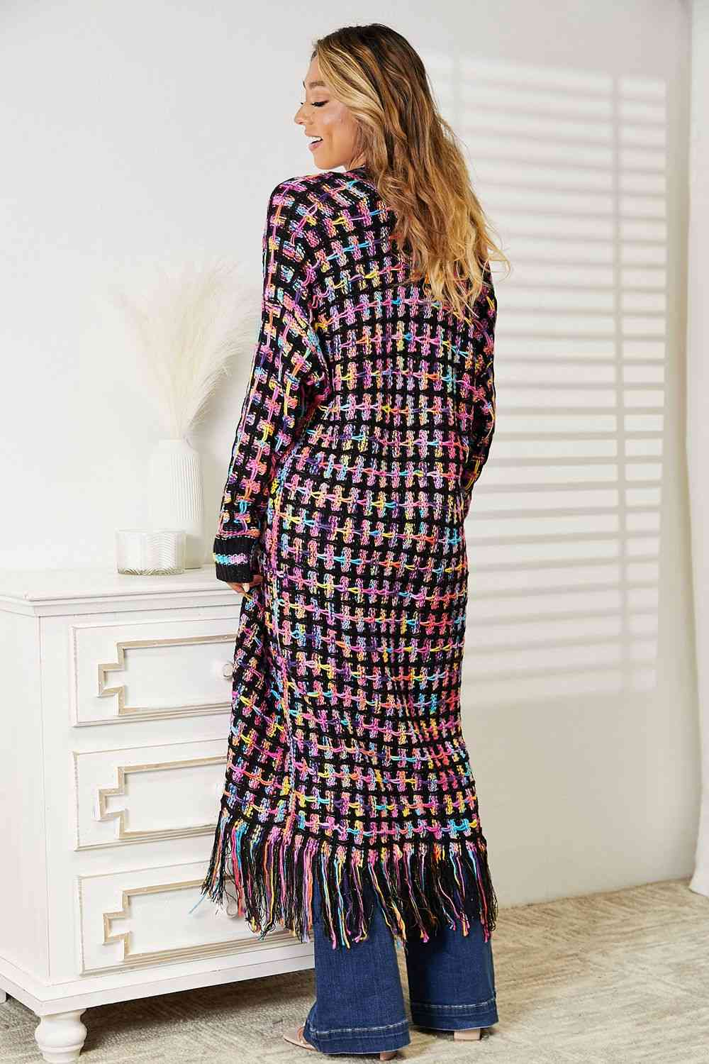 Double Take Multicolor Open Front Fringe Hem Cardigan