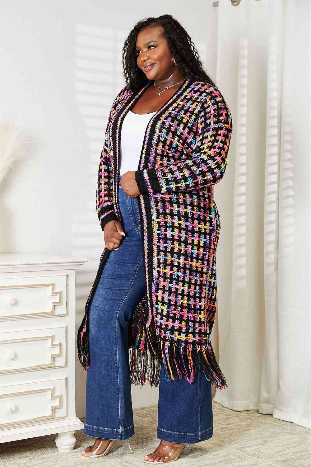 Double Take Multicolor Open Front Fringe Hem Cardigan