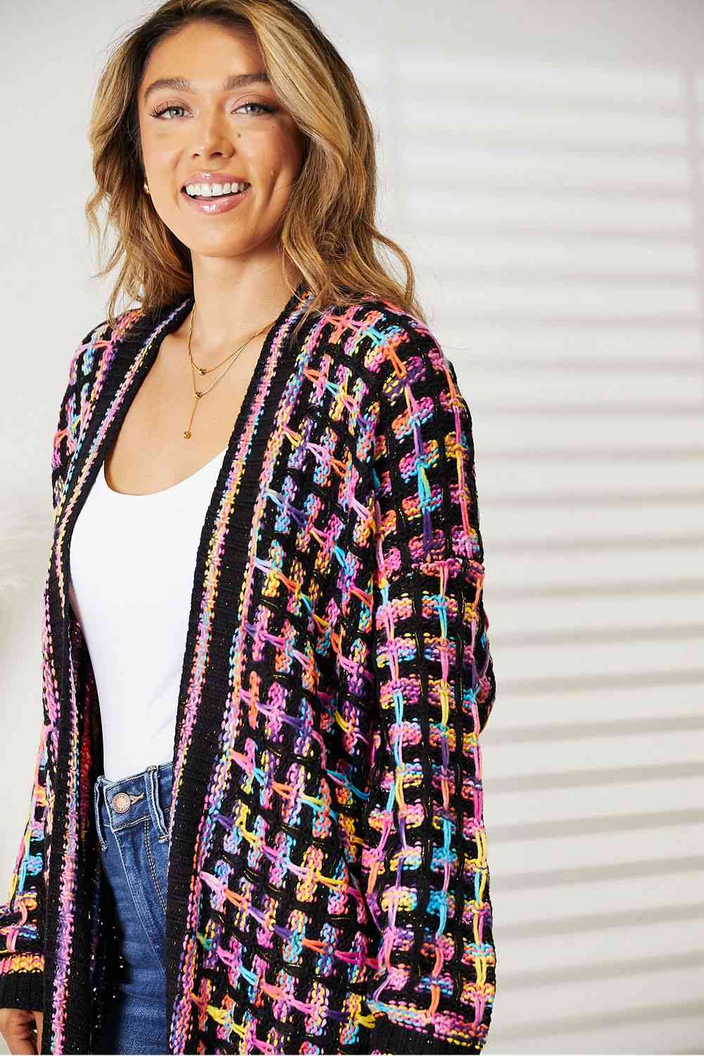 Double Take Multicolor Open Front Fringe Hem Cardigan