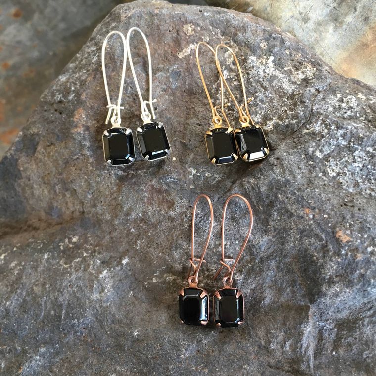 Black Vintage Swarovski Crystal Earrings - Gold
