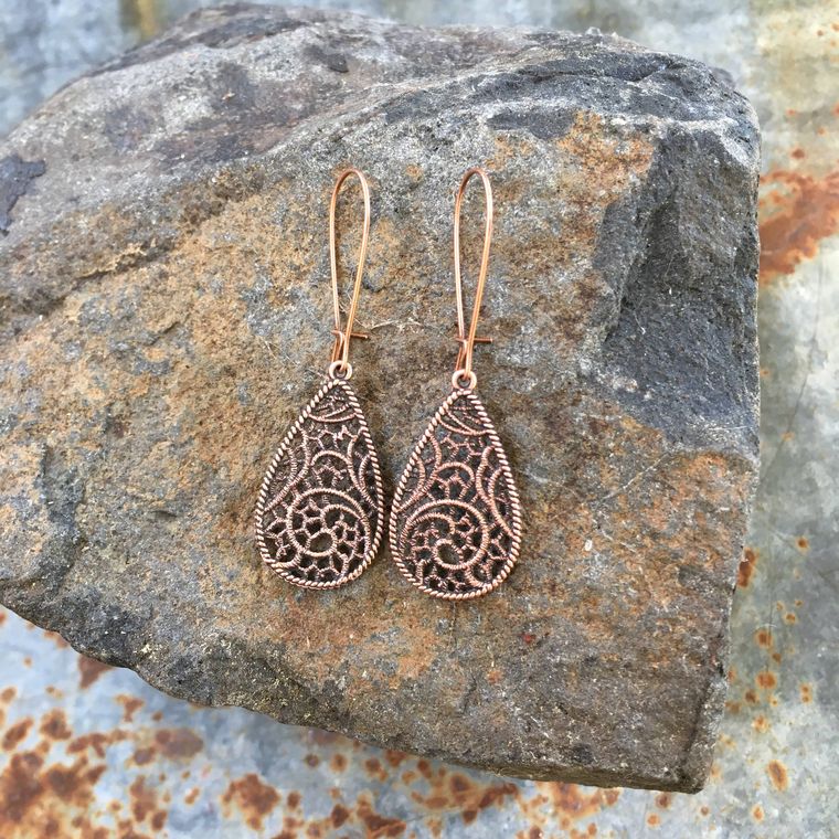 Teardrop Filigree Lace Earrings - Copper