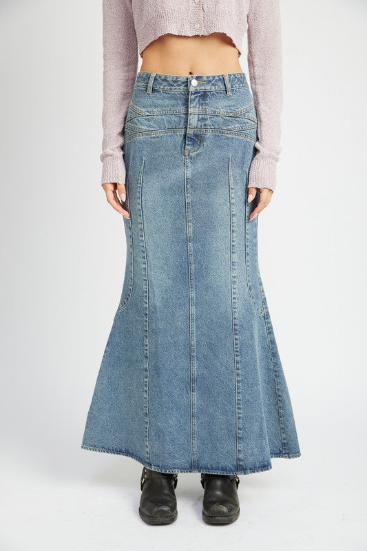 Fluted Denim Maxi Skirt