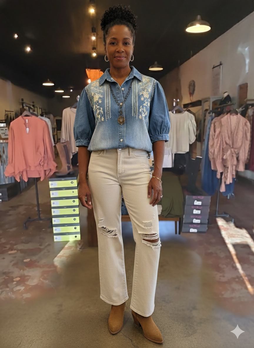 The Blue Willow Embroidered Denim Bodysuit