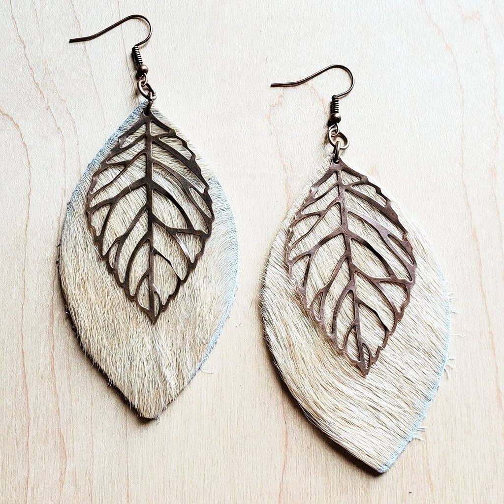Leather Oval Earrings in Blond Hair on Hide Copper Feathers