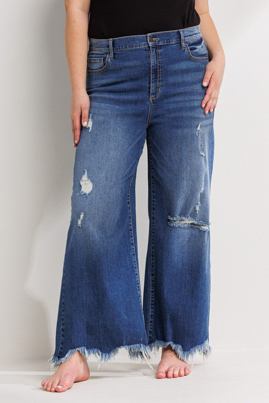 Distressed Ankle Cropped Wide Leg Jean