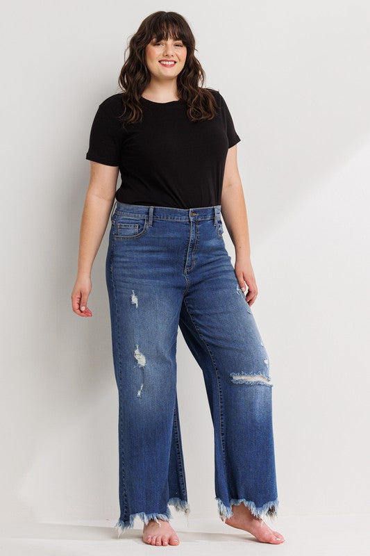 Distressed Ankle Cropped Wide Leg Jean