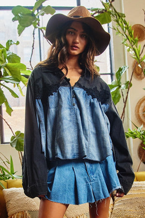 Avonne's Lace Trimmed Color Block Denim Pullover