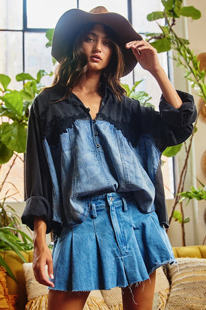 Avonne's Lace Trimmed Color Block Denim Pullover
