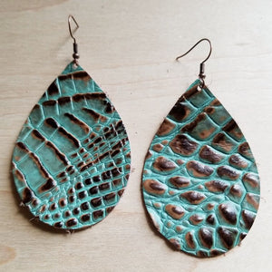 Leather Teardrop Earrings-Brown and Turquoise Gator 217w