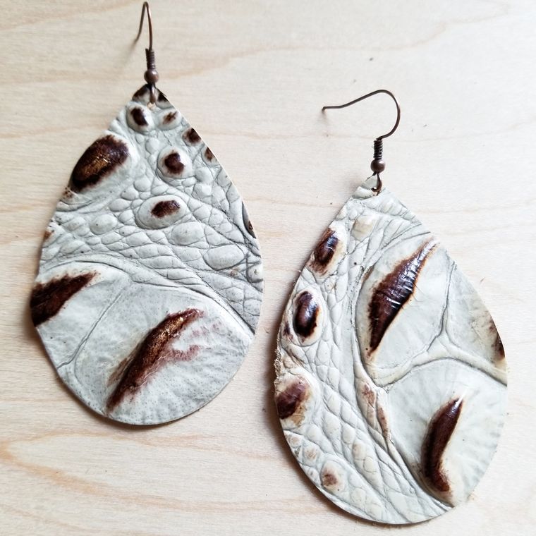 Leather Teardrop Earrings-Brown and Cream Gator 217y