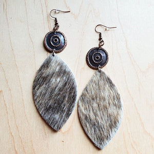 Leather Oval Earrings in Gray Hair on Hide w/ Copper Discs 223q
