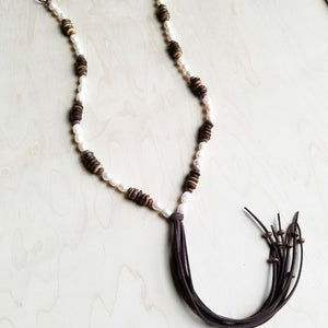Freshwater Pearl and Wood Necklace with Fringe Tassel 237B