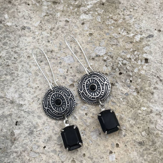 Antique Silver Vintage Swarovski Black Crystal Earrings