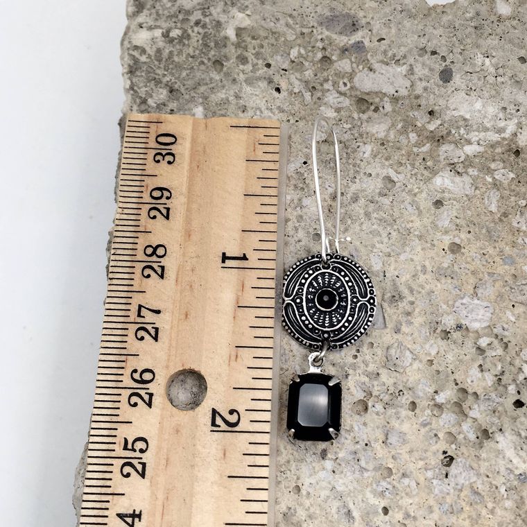 Antique Silver Vintage Swarovski Black Crystal Earrings