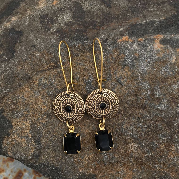 Antique Gold Vintage Swarovski Black Crystal Earrings