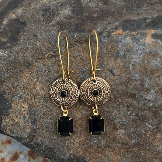 Antique Gold Vintage Swarovski Black Crystal Earrings