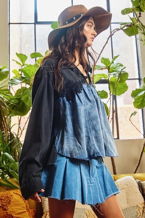 Avonne's Lace Trimmed Color Block Denim Pullover
